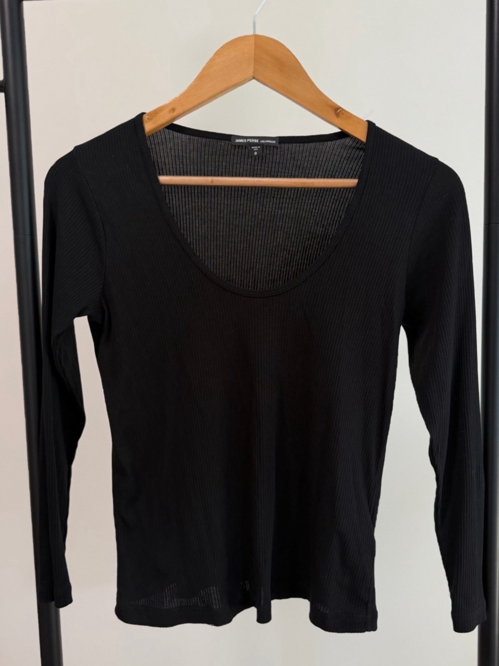 James Perse Black Ribbed Long Sleeve Scoop Neck Top Size 0 XS USA
